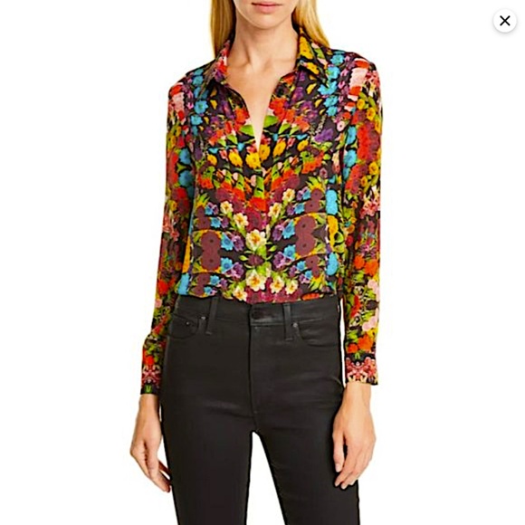 Alice + Olivia Multicolored Silk Kaleidoscopic Floral Print Shir - Picture 1 of 8